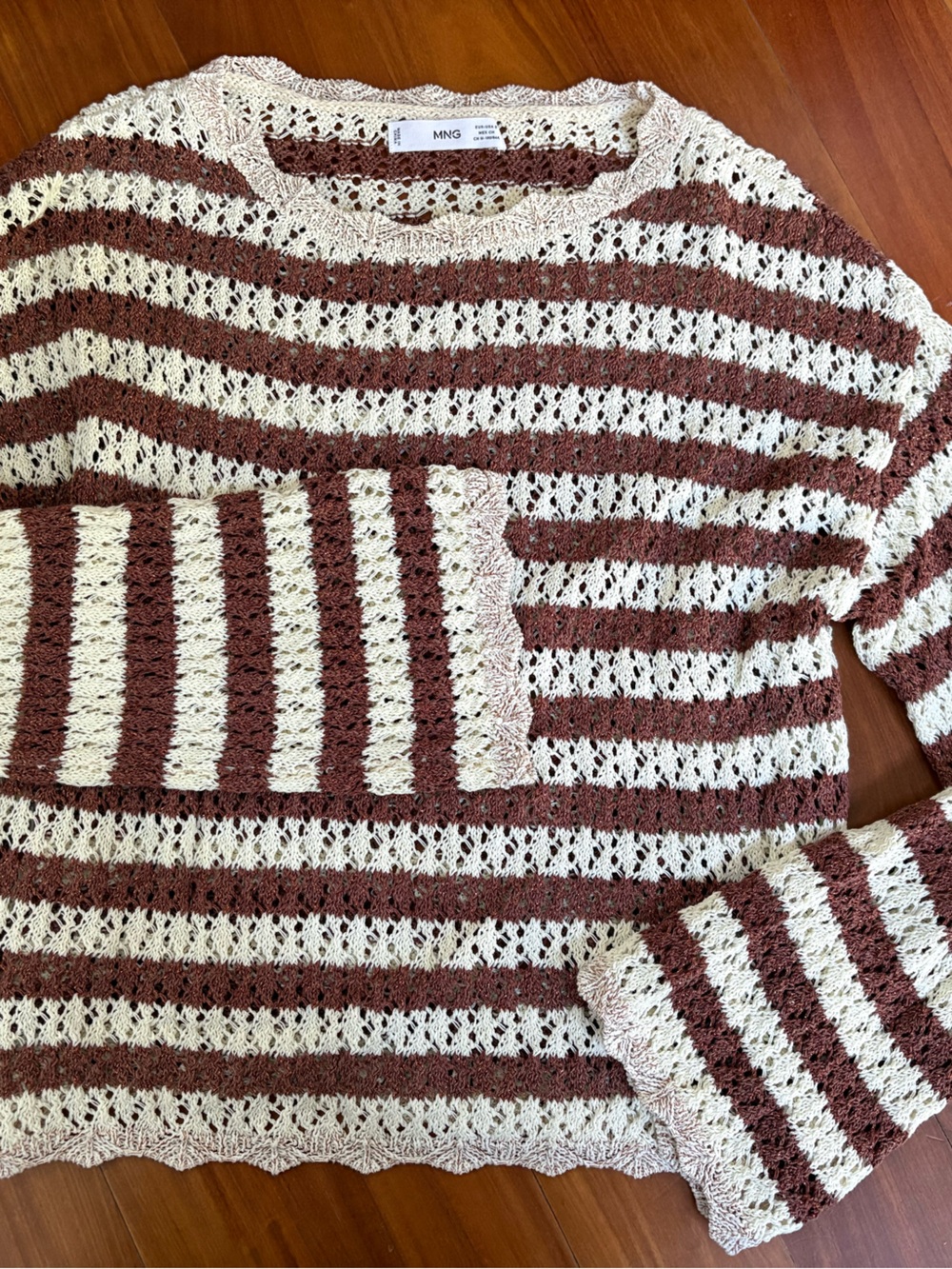 Mango Open-Knit Striped Crewneck Sweater in Cream and Brown